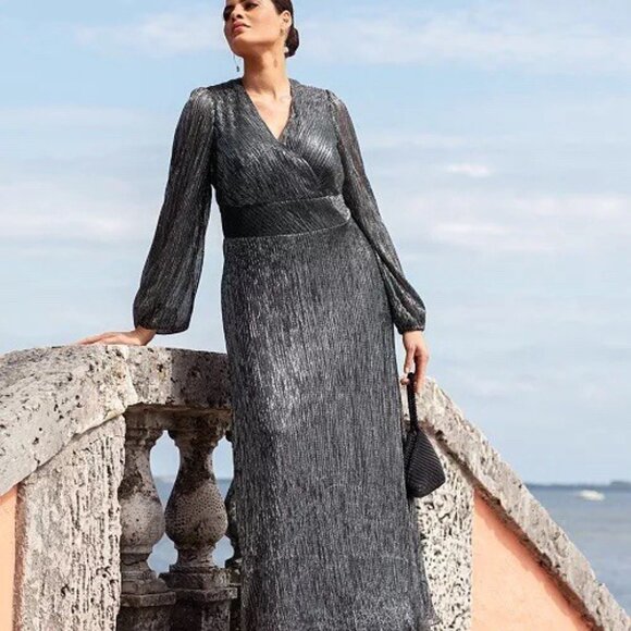 Betsy & Adam Plus Size 22W Black Metallic Long-Sleeve Wrap Cocktail Dress Gown - Picture 1 of 11